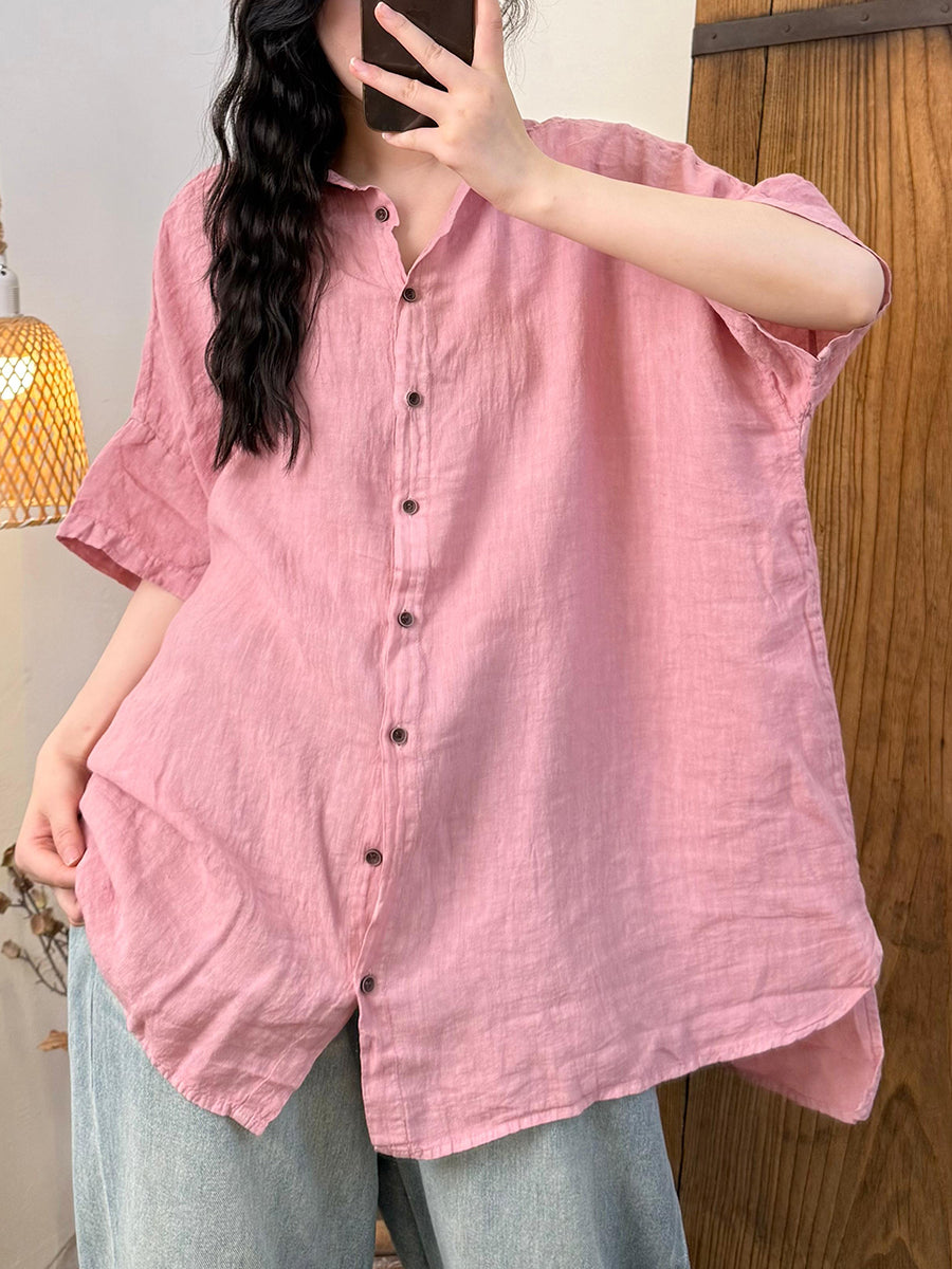 Women Summer Retro Pure Color Turn-down Collar Linen Shirt