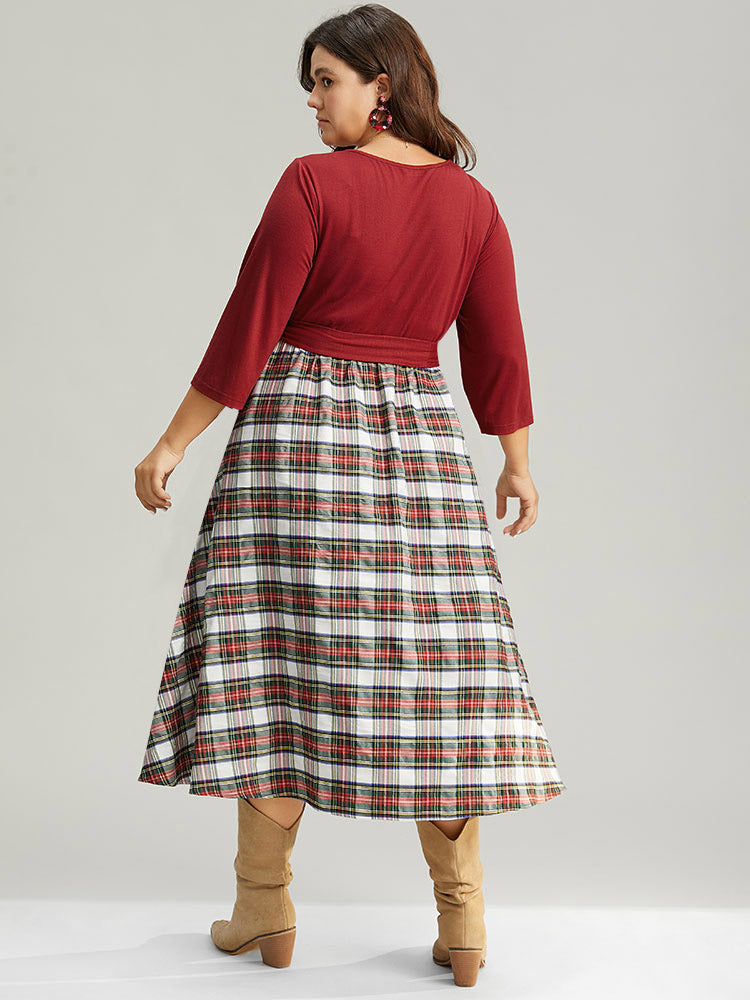 Christmas Plaid Patchwork Ruched Belted Dress