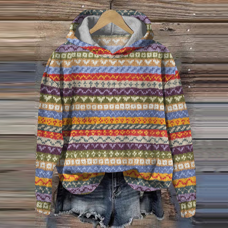 Vintage Color Block Icelandic Pattern Cozy Hoodie Sweater