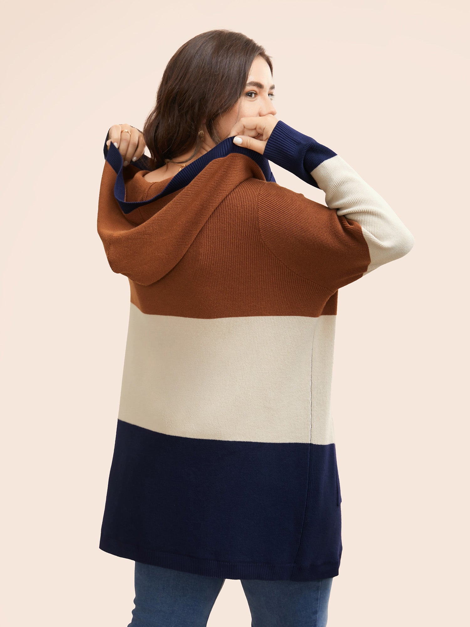 Colorblock Contrast Patched Pocket Hooded Cardigan