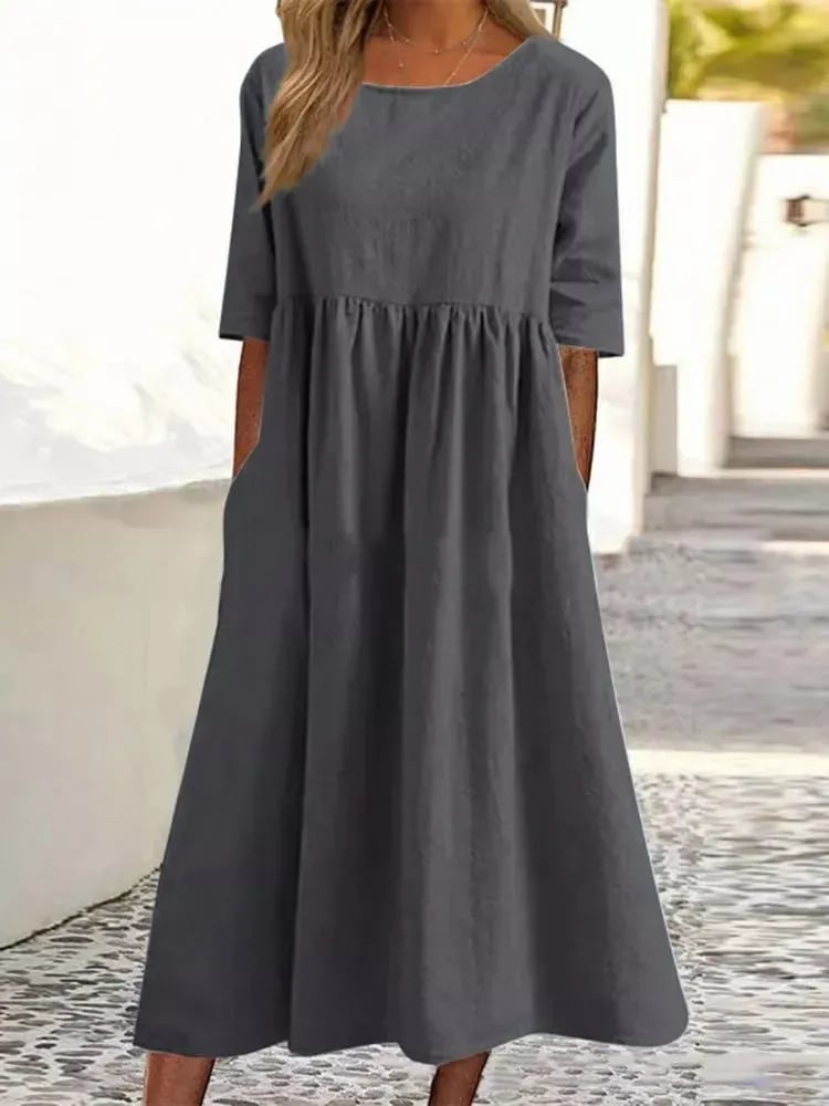 49% OFF🔥Women's Casual Basic Outdoor Crew Neck Pocket Smocked Cotton Dress