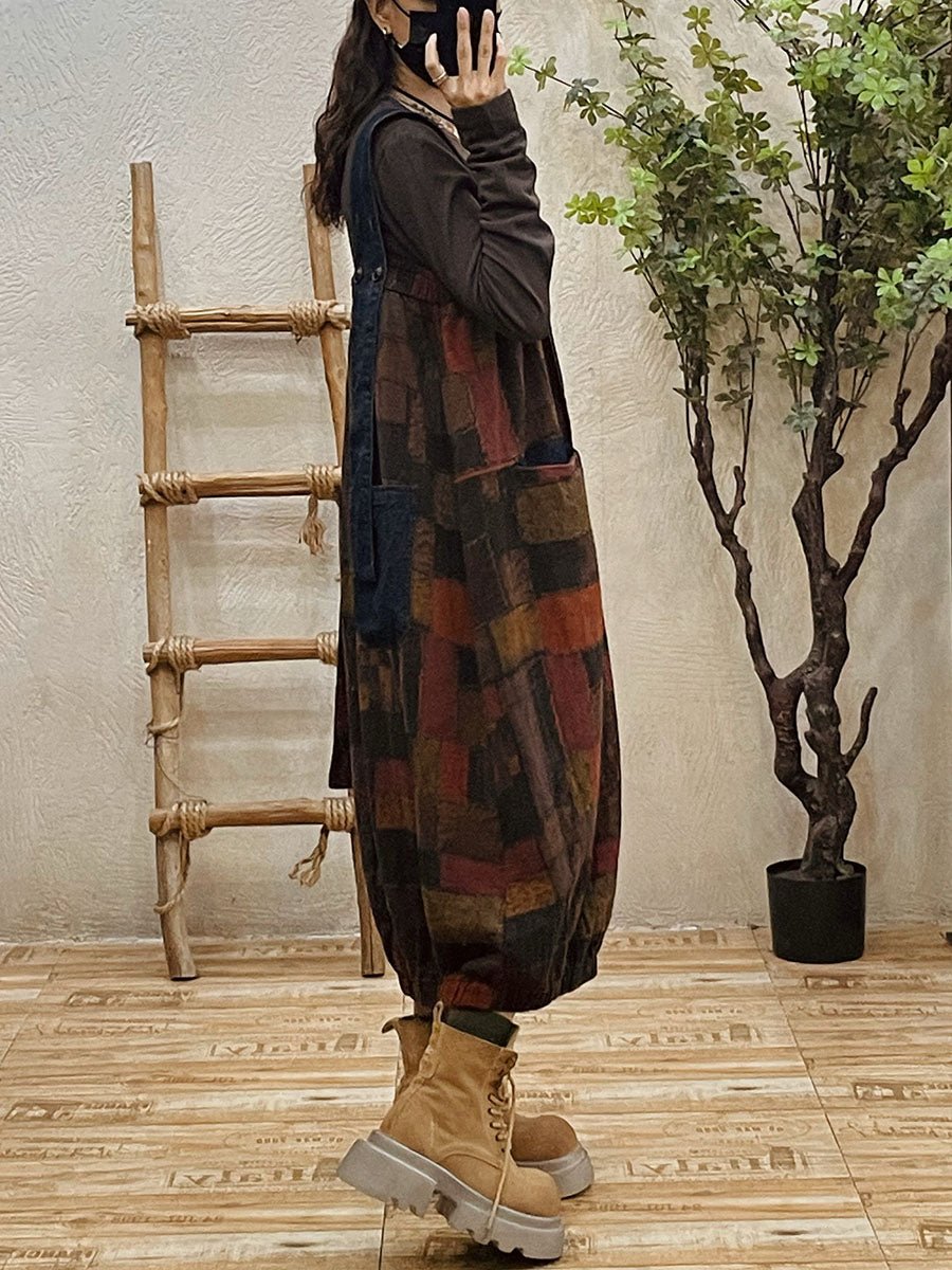 Plus Size Women Autumn Retro Patch Spliced Overall Dress