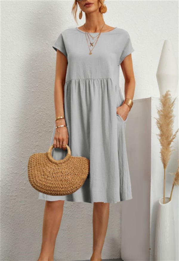 Solid Color Short Sleeve Loose Cotton Linen Pocket Midi Dress