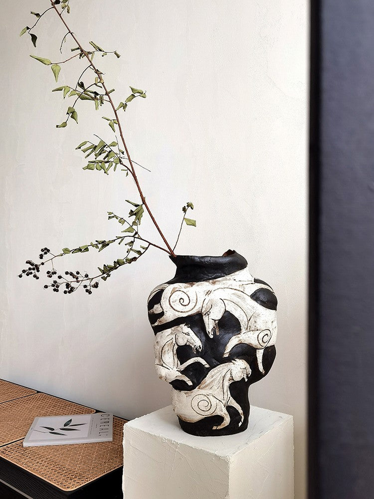 Handmade Wabi-Sabi Horse Relief Ceramic Vase