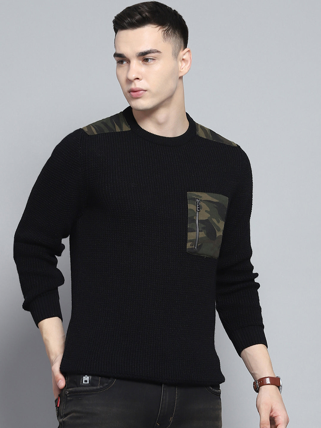 Men Black Self Design Round Neck Full Sleeve Pullover