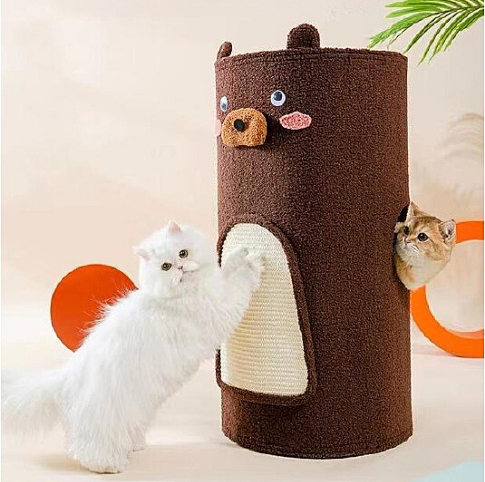 Bear Barrel Cat Scratching Post with Detachable Plush Covering