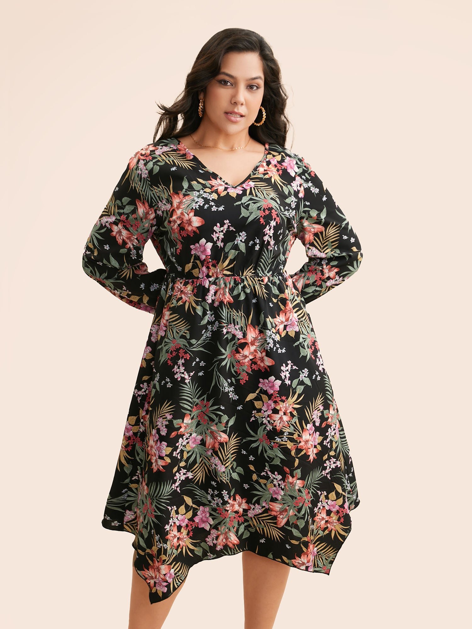 V Neck Floral Asymmetrical Hem Dress