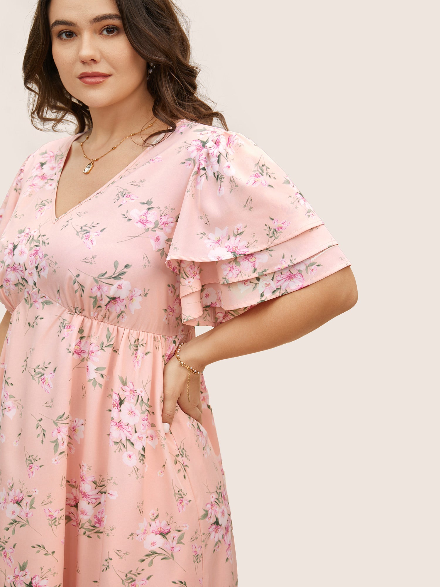 Floral Elastic Waist Tiered Ruffle Sleeve Dress