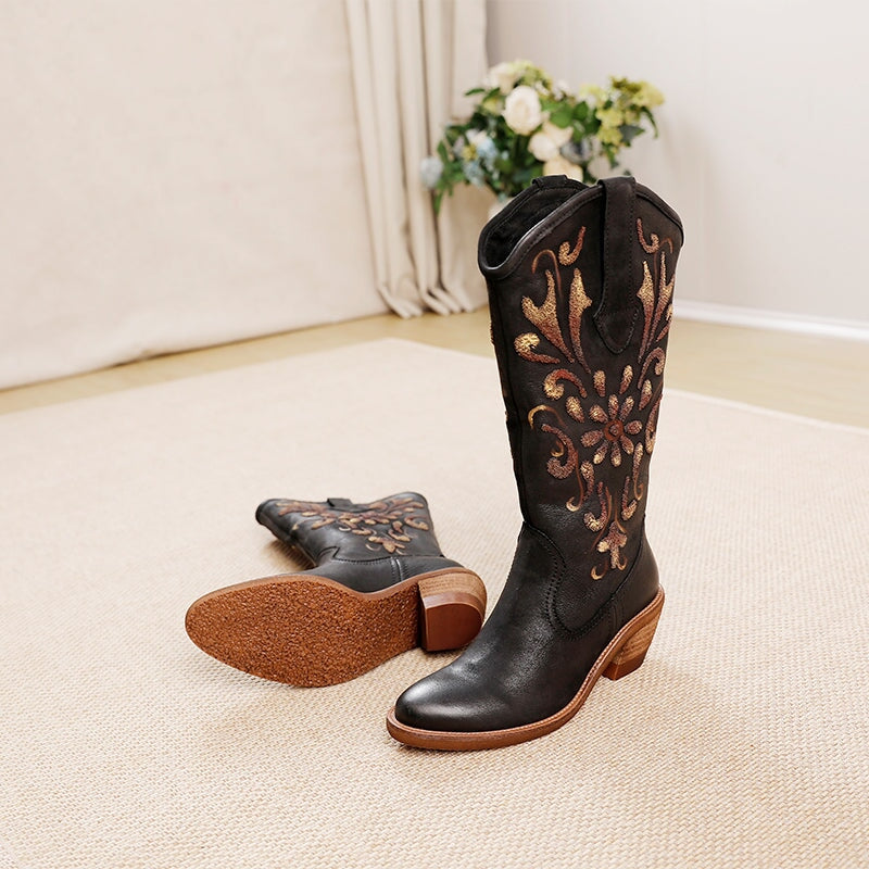 Womens Contrast Flowers Carving Western Boots Knee High Leather Cowboy Boots in Black/Coffee