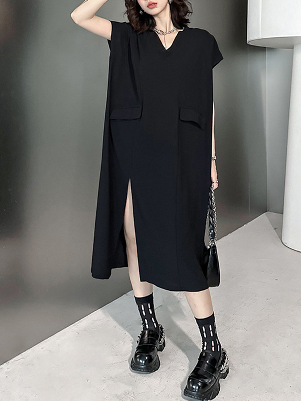 Loose Short Sleeves Asymmetric Solid Color Split-Joint Split-Side V-Neck Midi Dresses