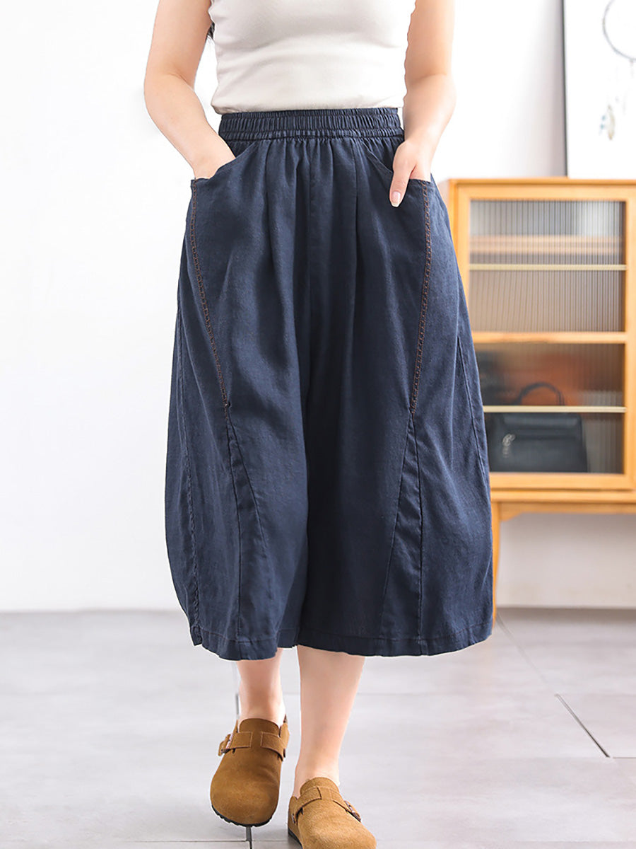 Women Casual Pure Color 100%Linen Wide-leg Cropped Pants