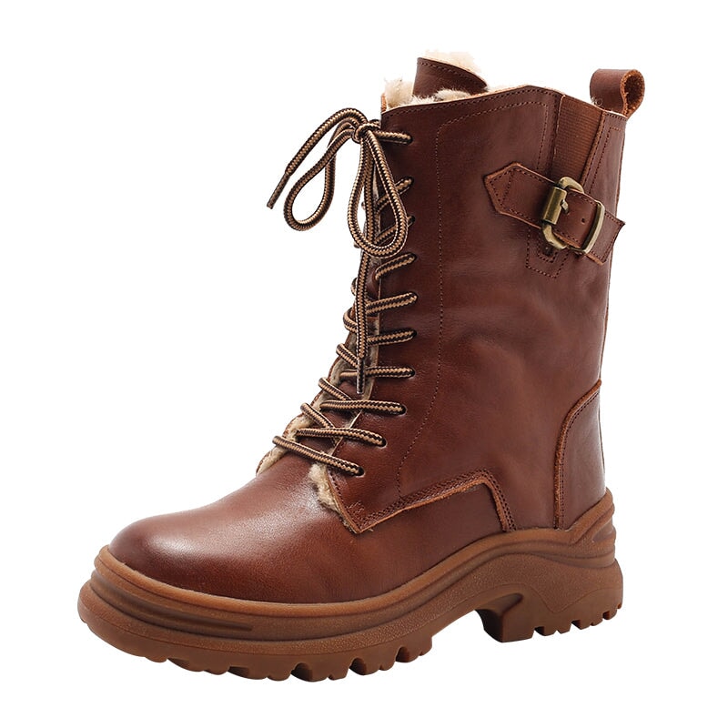 Leather Combat Boots Designer Retro Chunky Riding Boots in Coffee/Black Have Shearling Lined Choice