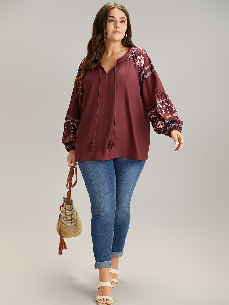 Boho Print Tie Neck Tassel Trim Blouse