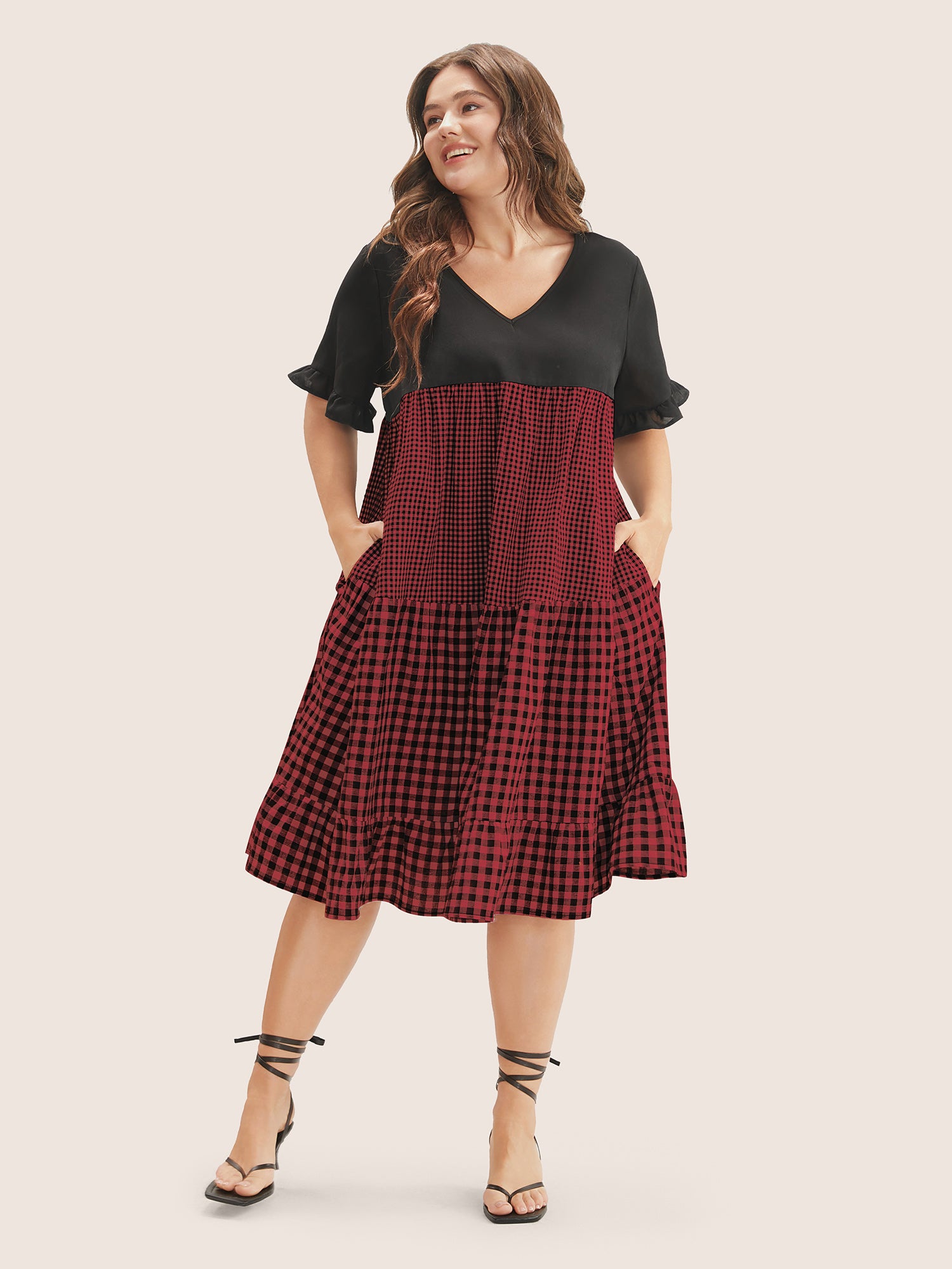 Gingham Patchwork V Neck Pocket Ruffles Dress