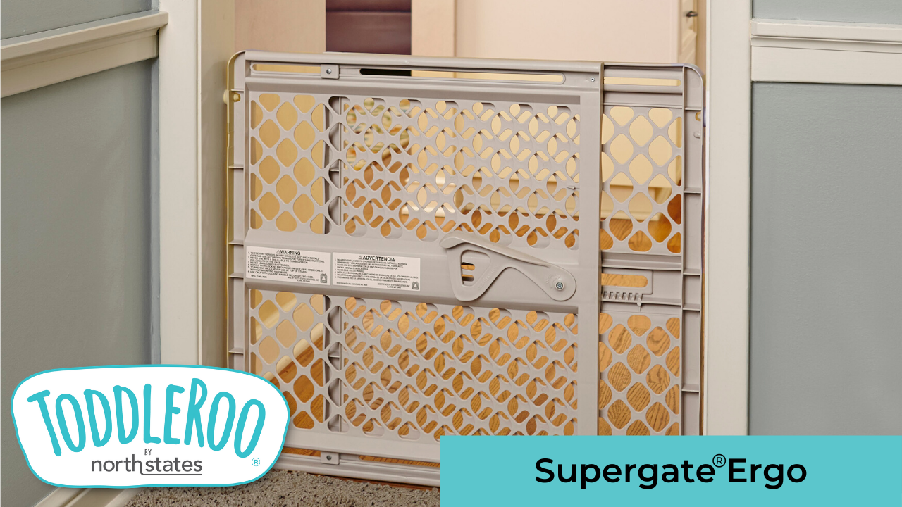 Toddleroo by North States Supergate Ergo Child Gate. Baby Gate for Stairs and Doorways. Includes Wall Cups. Pressure or Hardware Mount. Made in USA. (26 Tall. Sand)