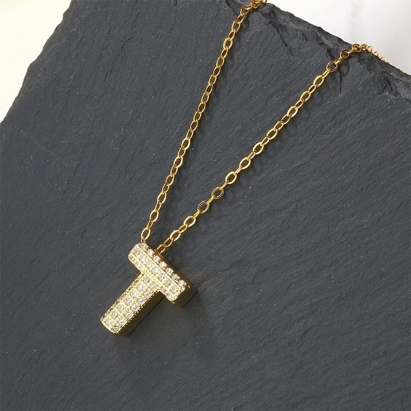 Copper 18K Gold Plated Casual Minimalist Inlay Letter Zircon Pendant Necklace