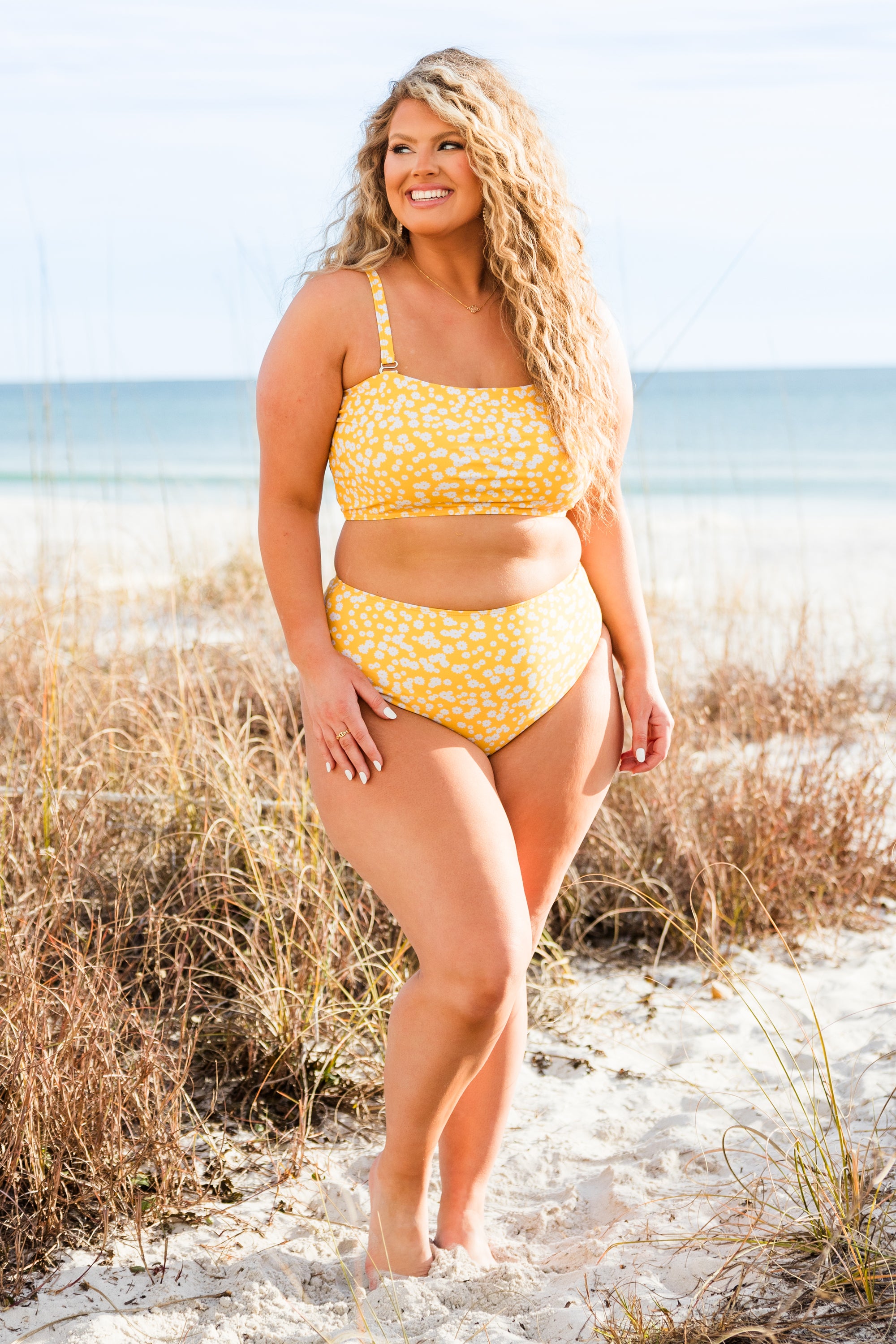 Feeling Fine And Sandy Swim Top. Yellow Floral