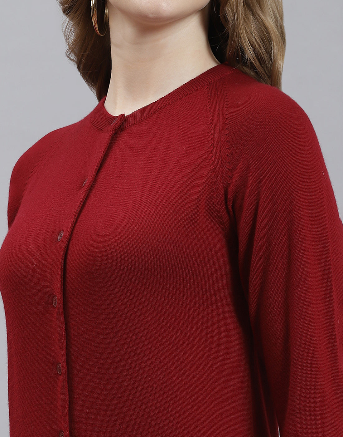 Women Maroon Solid Round Neck Full Sleeve Cardigan