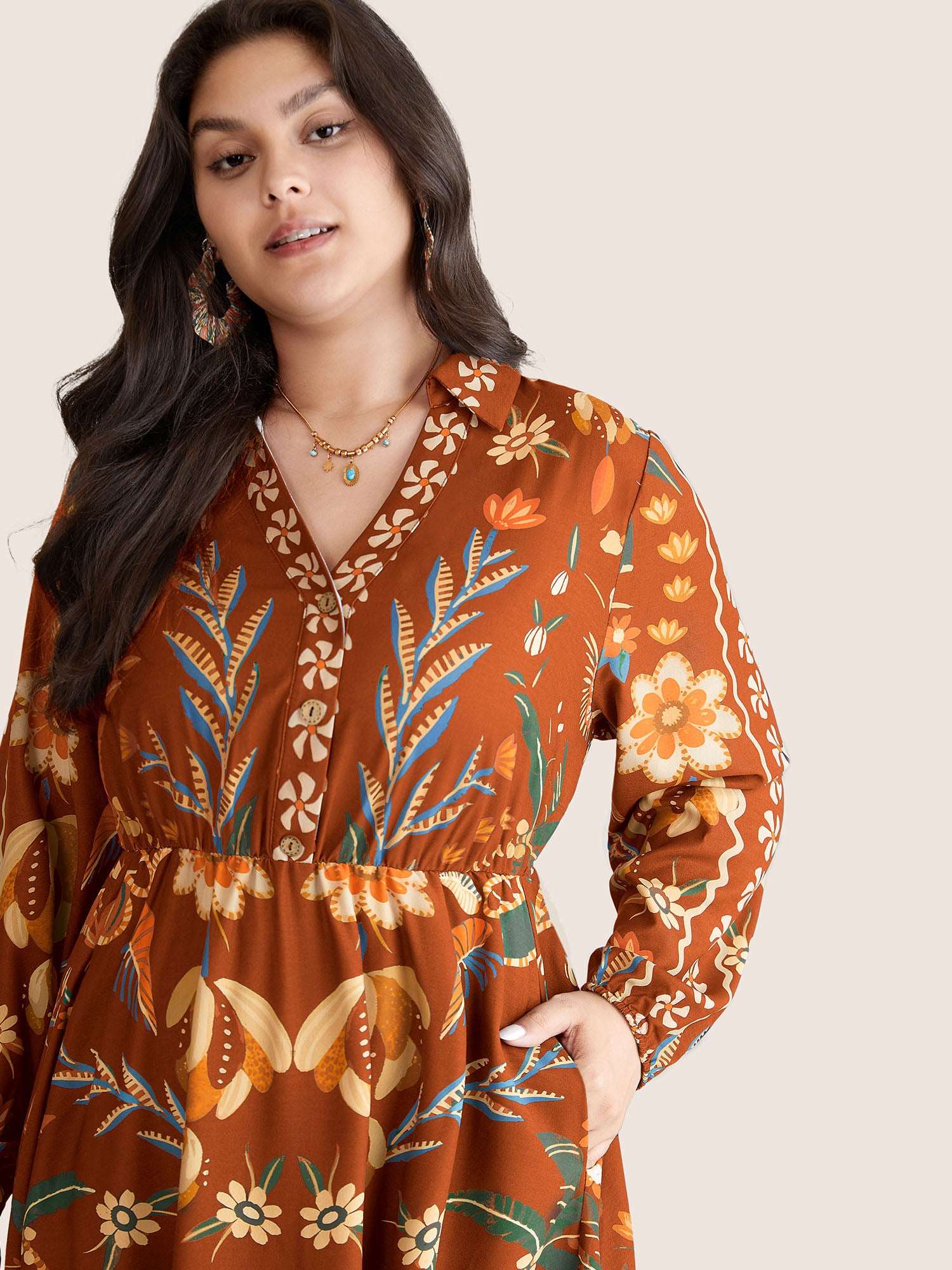 Bandana Print Pocket Lapel Collar Elastic Cuffs Dress