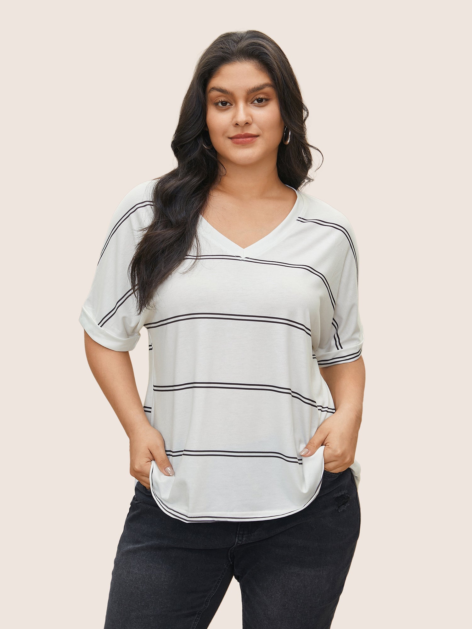 Striped Contrast Dolman Sleeve T-shirt