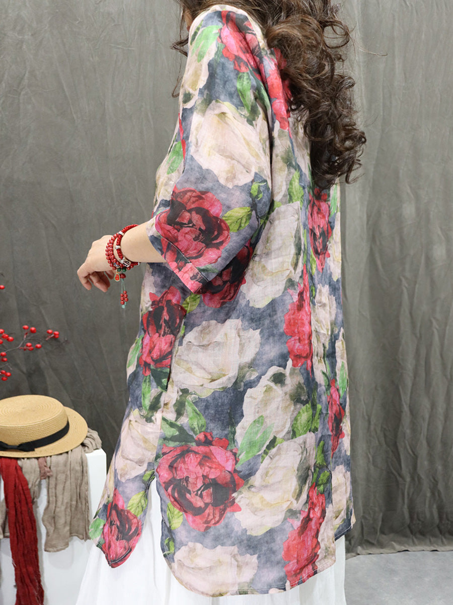 Women Summer Artsy Turn-down Collar Flower 100%Ramie Shirt