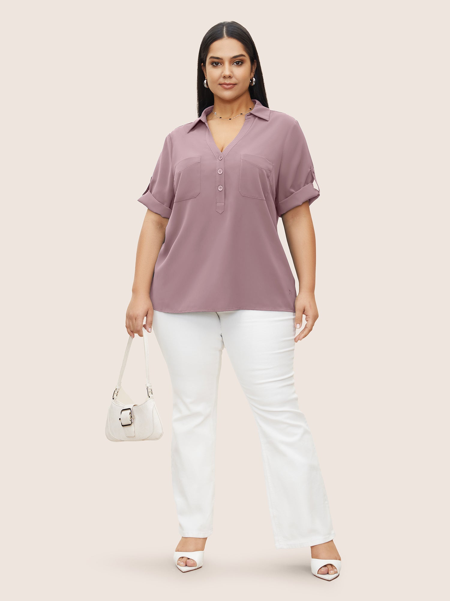 Anti-Wrinkle Shirt Collar Patched Pocket Tab Sleeve Blouse