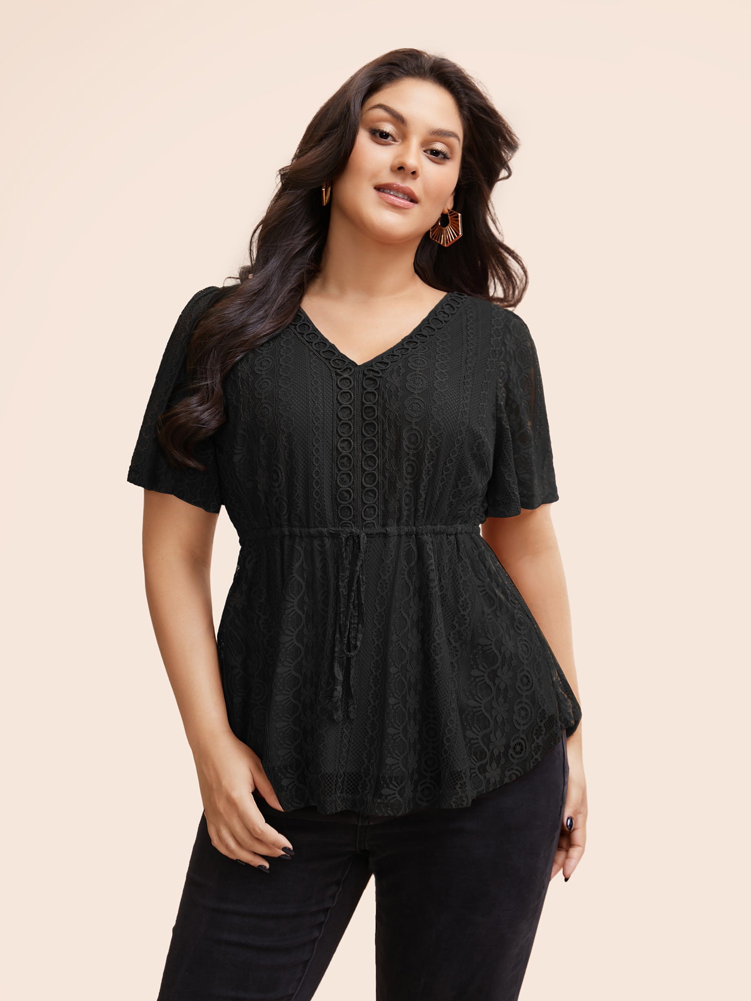 V Neck Lace Panel Drawstring Blouse