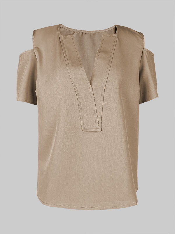 Loose Short Sleeves Solid Color Split-Joint Cold Shoulder Blouses&Shirts Tops