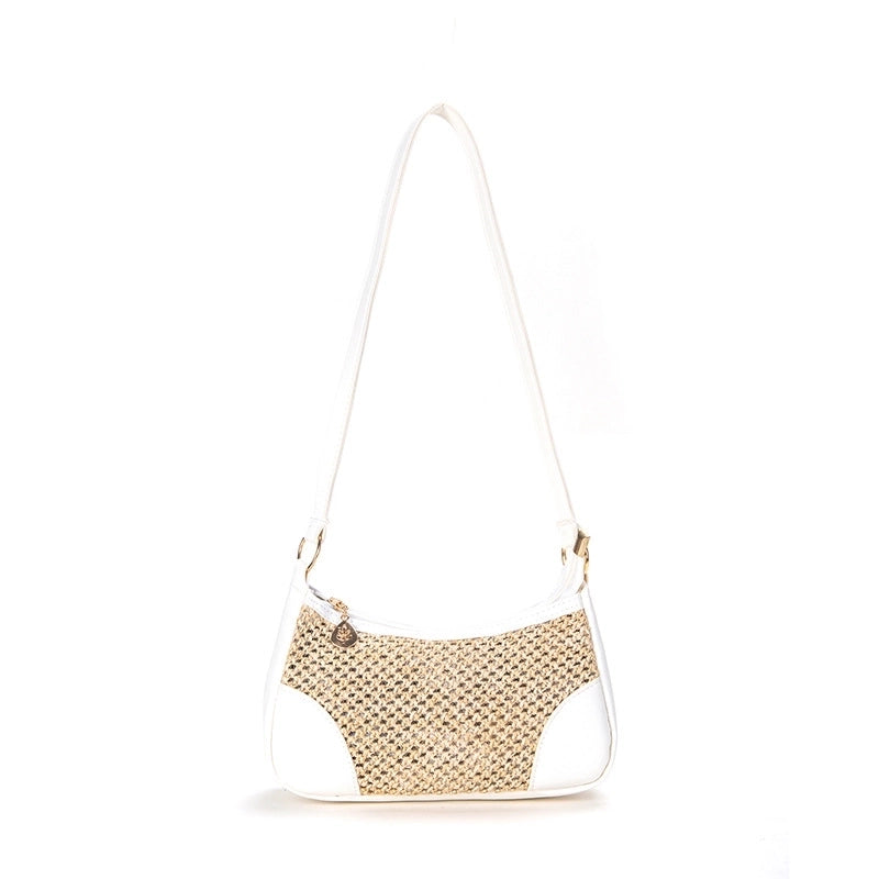 Women's Small Straw Color Block Basic Vacation Dumpling Shape Zipper Shoulder Bag Crossbody Bag Straw Bag