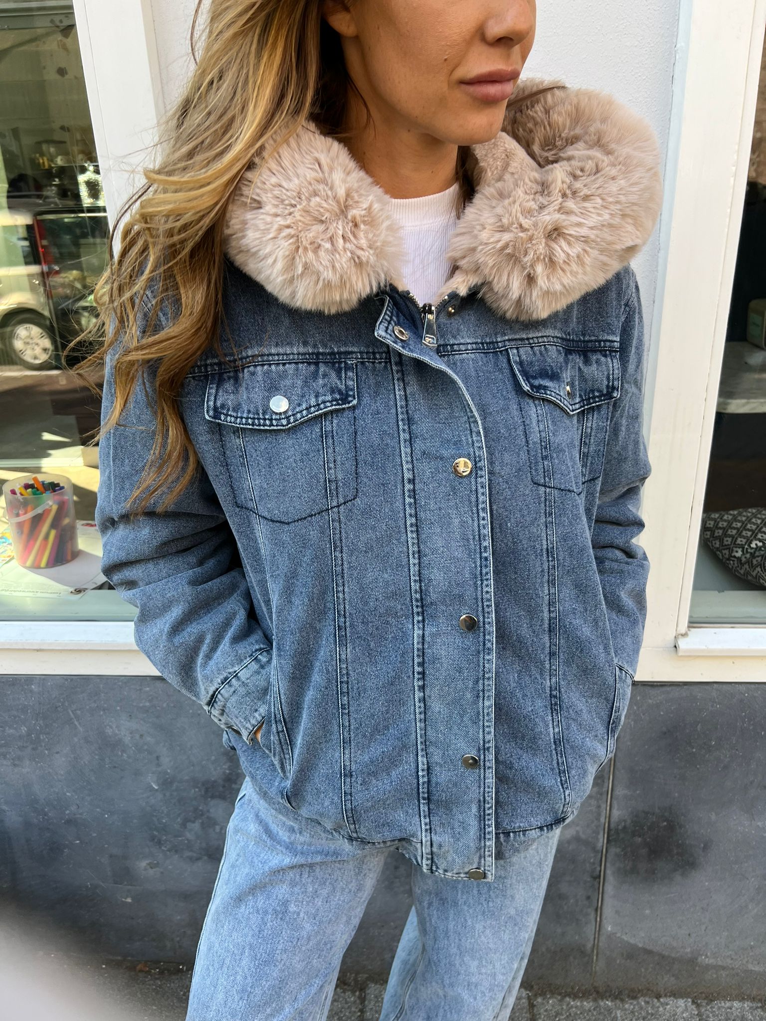 Denim Fake Fur Capuchon Jacket Blue