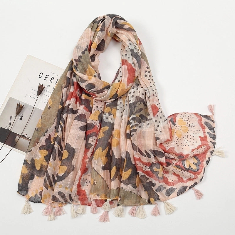 Women'S Sweet Flower Cotton And Linen Tassel Scarf