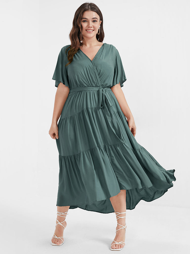 Solid Button Pocket Belted Ruffles Wrap Midi Dress