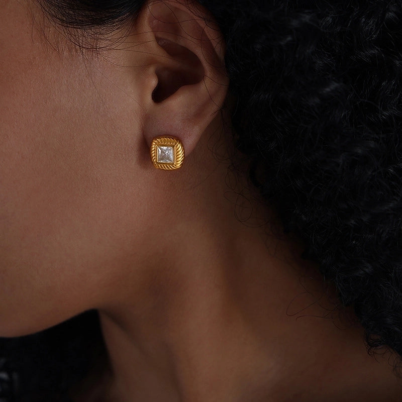 Retro Minimalist Streetwear Square Titanium Steel 18K Gold Plated Plating Inlay Earrings Necklace