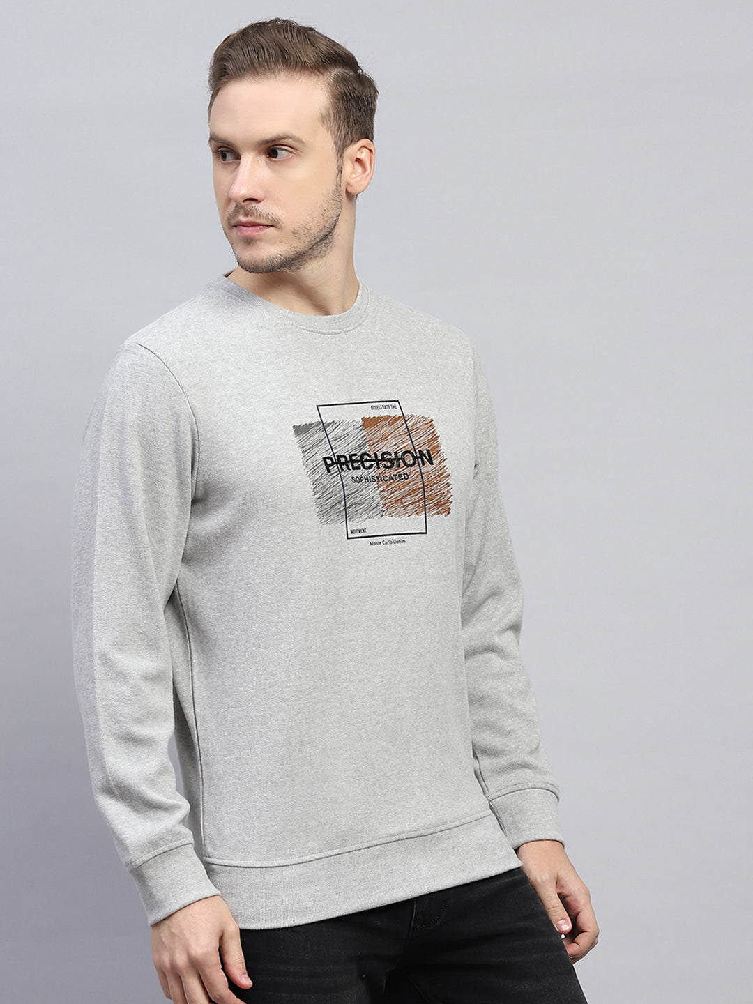 Men Grey Printed Round Neck Full Sleeve Sweatshirt