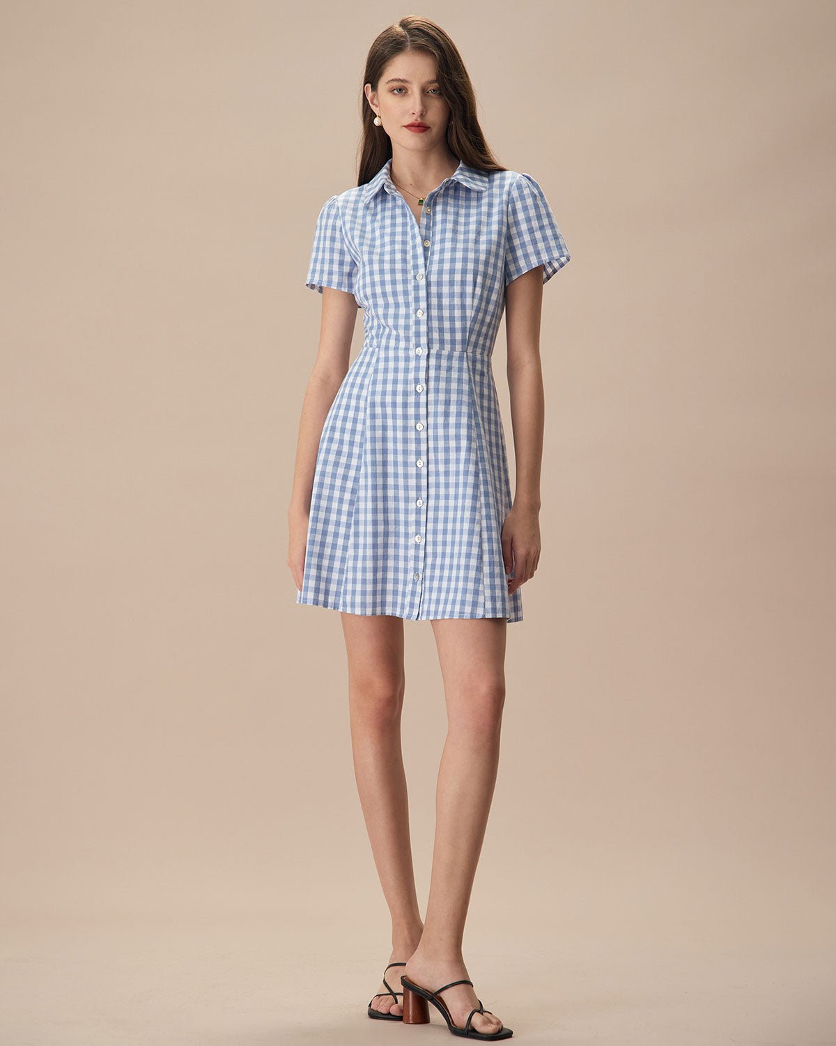 Women's Blue Plaid Lapel Cotton Mini Dress