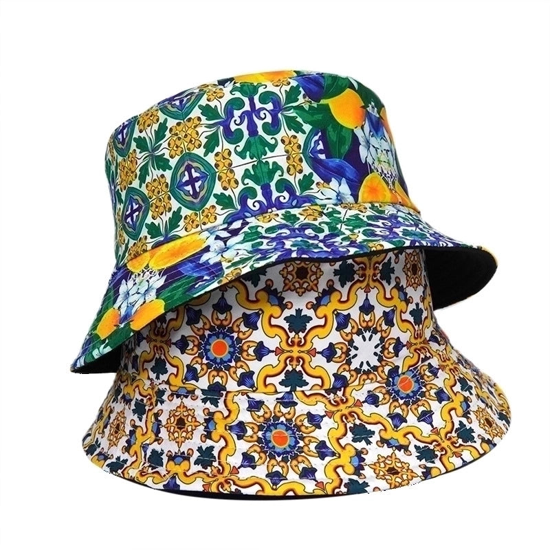 Unisex Retro Vacation Geometric Printing Wide Eaves Bucket Hat