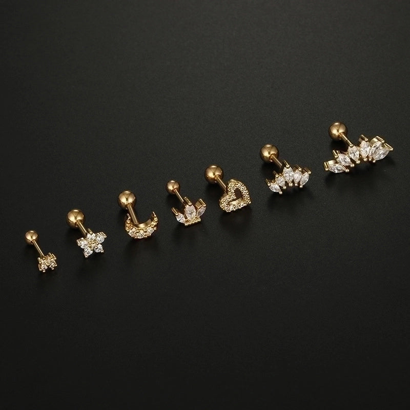 1 Piece Minimalist Moon Heart Shape Flower Plating Inlay 316L Stainless Steel  Zircon Stainless Steel Earrings