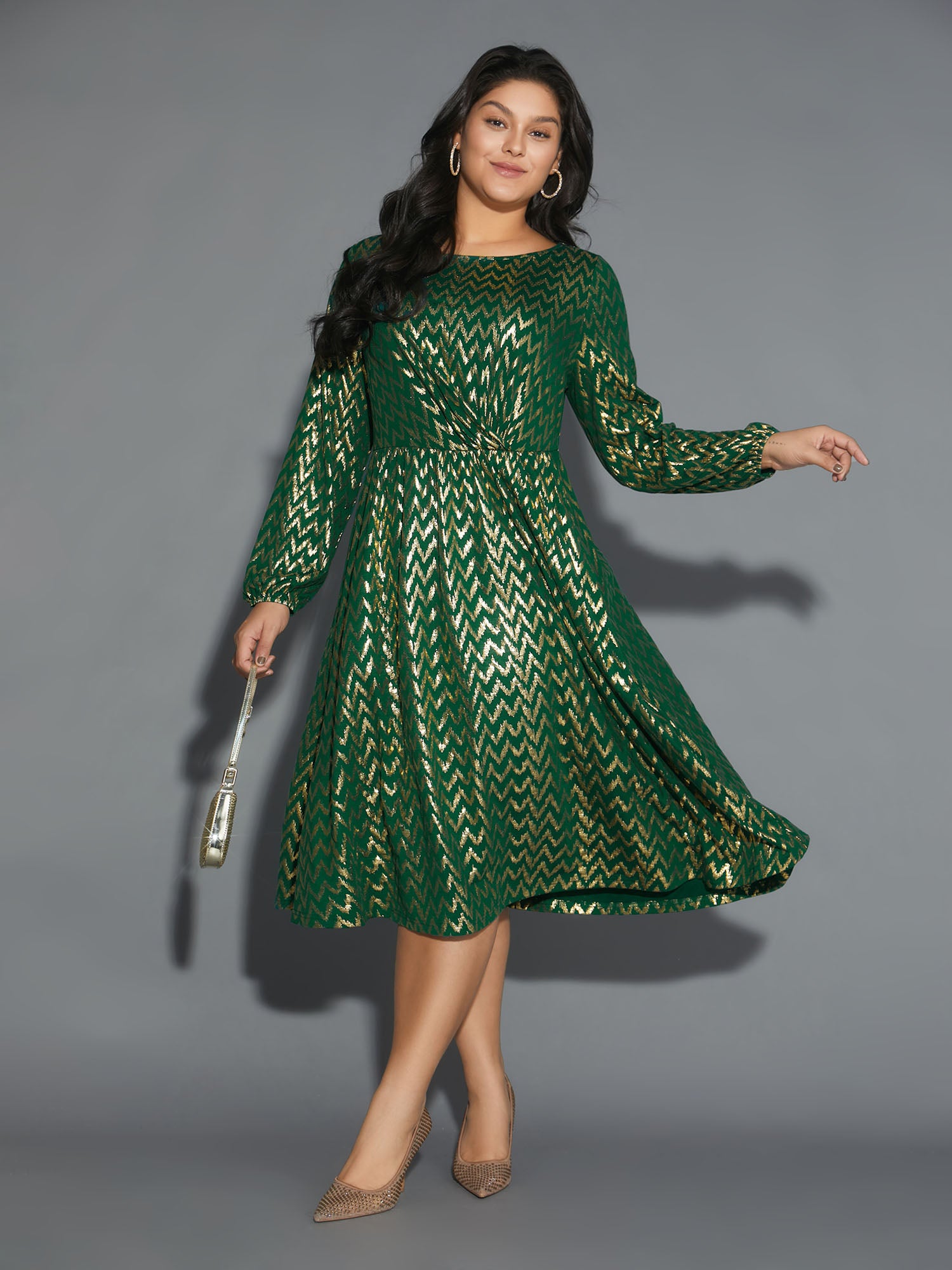 Crew Neck Glitter Geometric Gathered Dress