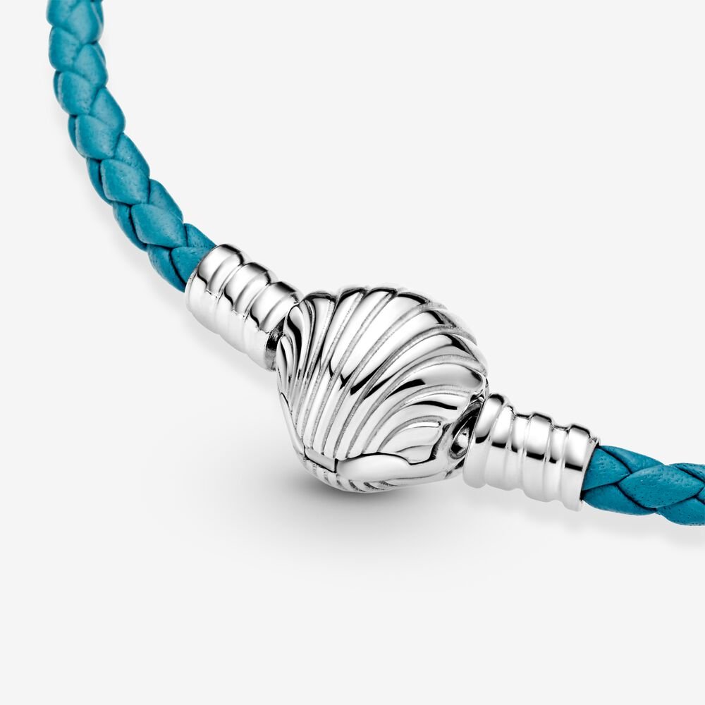 Seashell Clasp Turquoise Braided Leather Pandora Bracelet