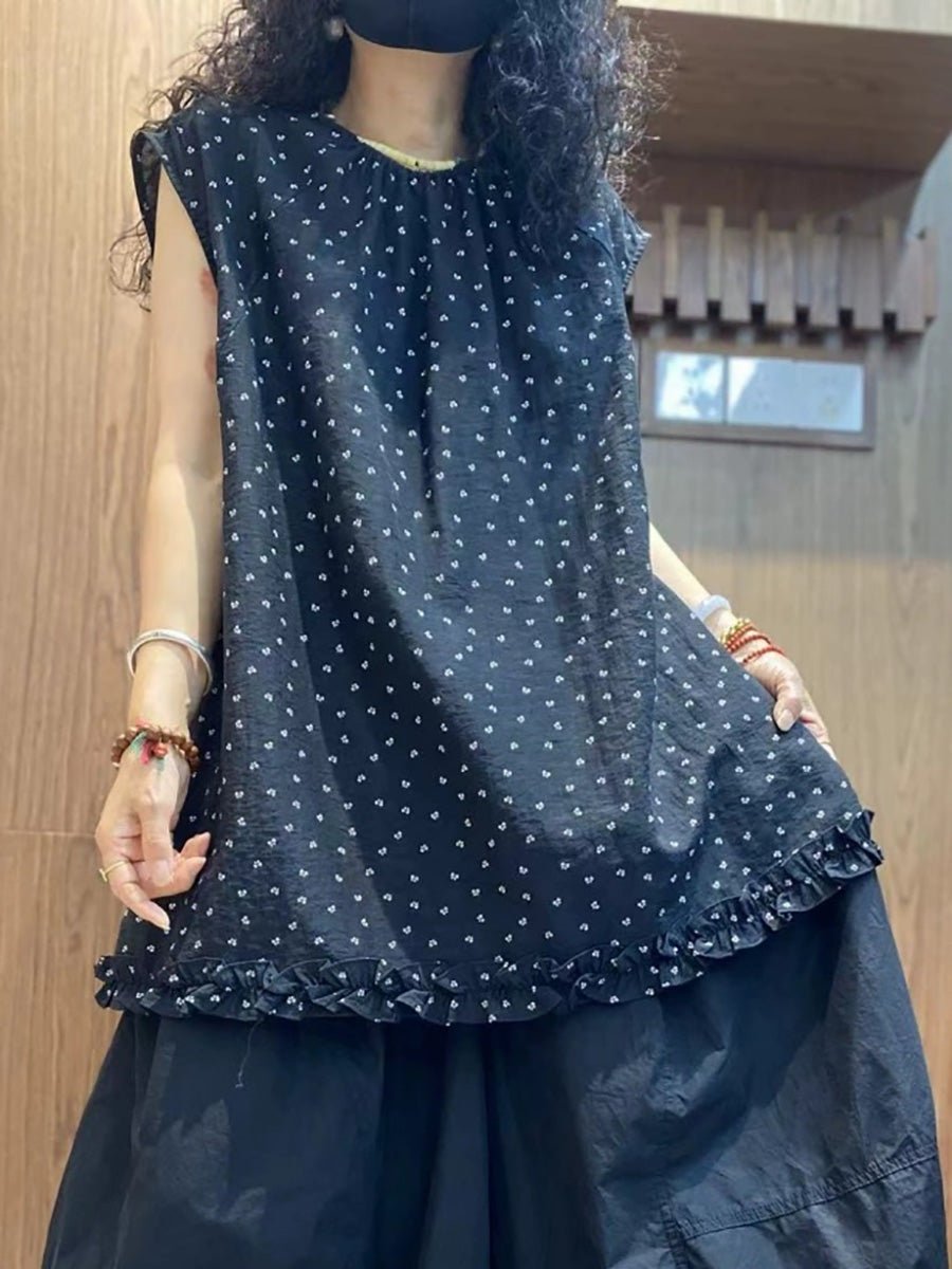 Women Summer Casual Dot O-Neck Cotton Vest