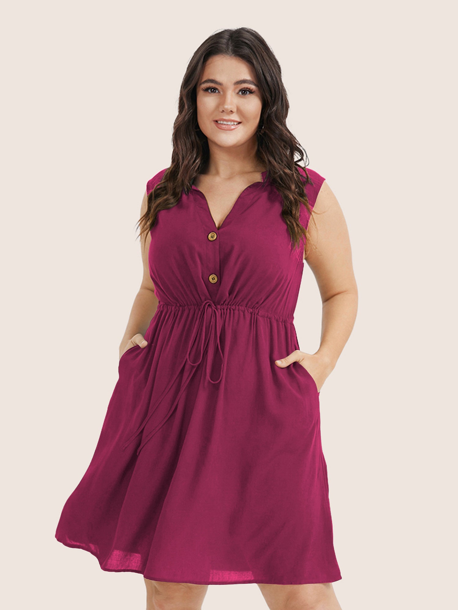 Plain Ties Front Button Pocket V Neck Dress