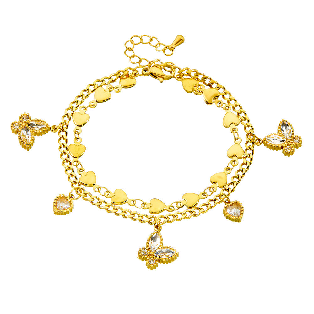 Fashion Stainless Steel Double-Layered Heart-Shaped Diamond Butterfly Heart-Shaped Bracelet