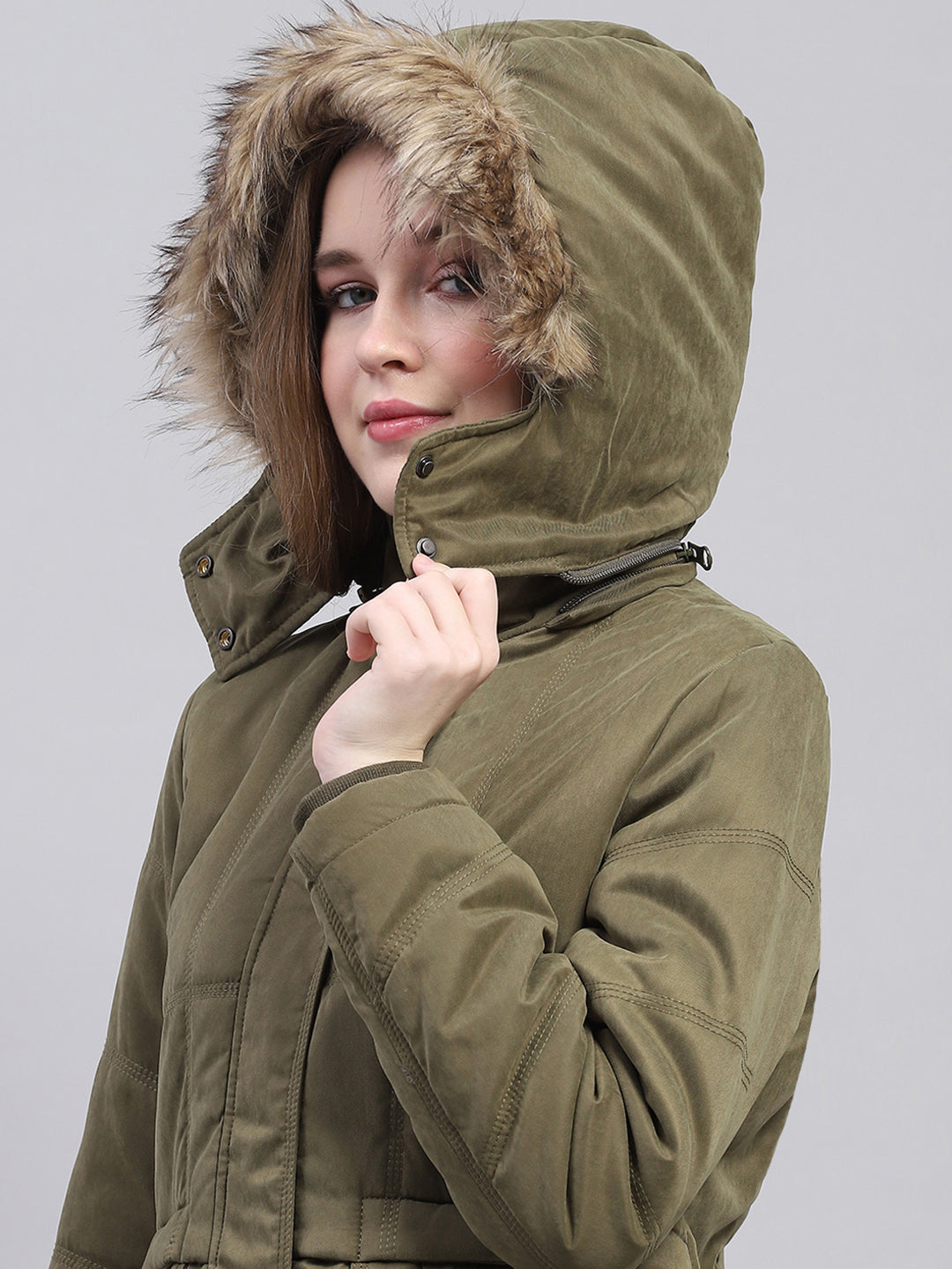 Women Green Solid Detachable Hood Full Sleeve Jacket