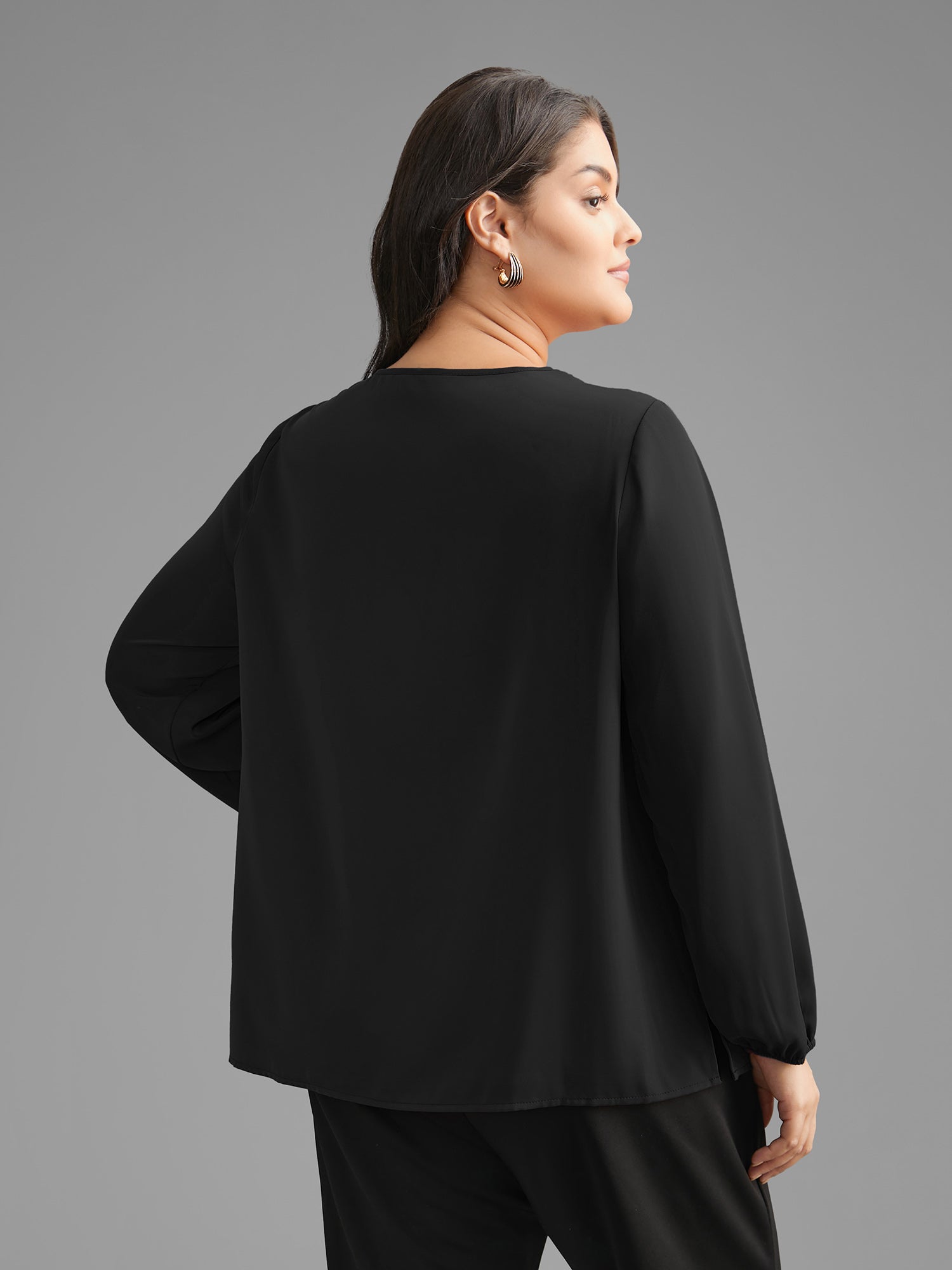 Solid Crew Neck Lantern Sleeve Blouse