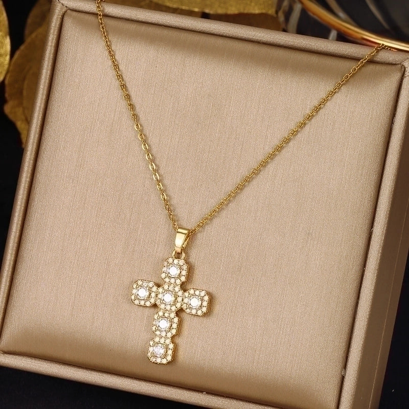2 Pieces Ethnic Style Cross Stainless Steel Inlay Zircon Pendant Necklace