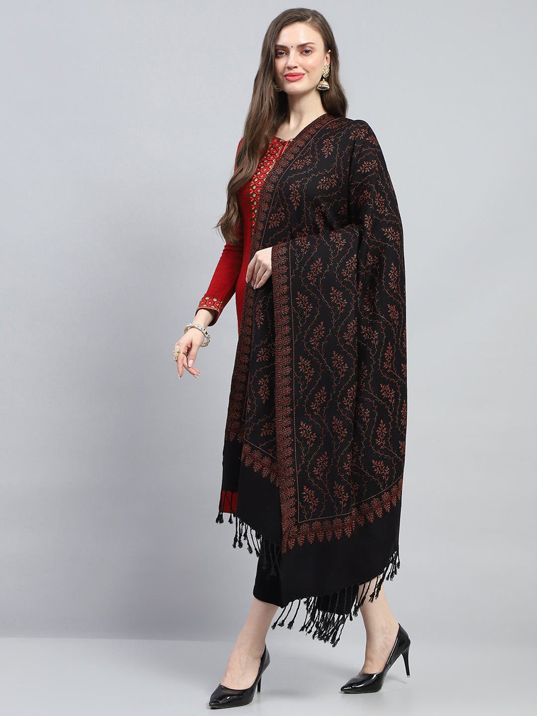 Women Black Self Design Reversible Shawl