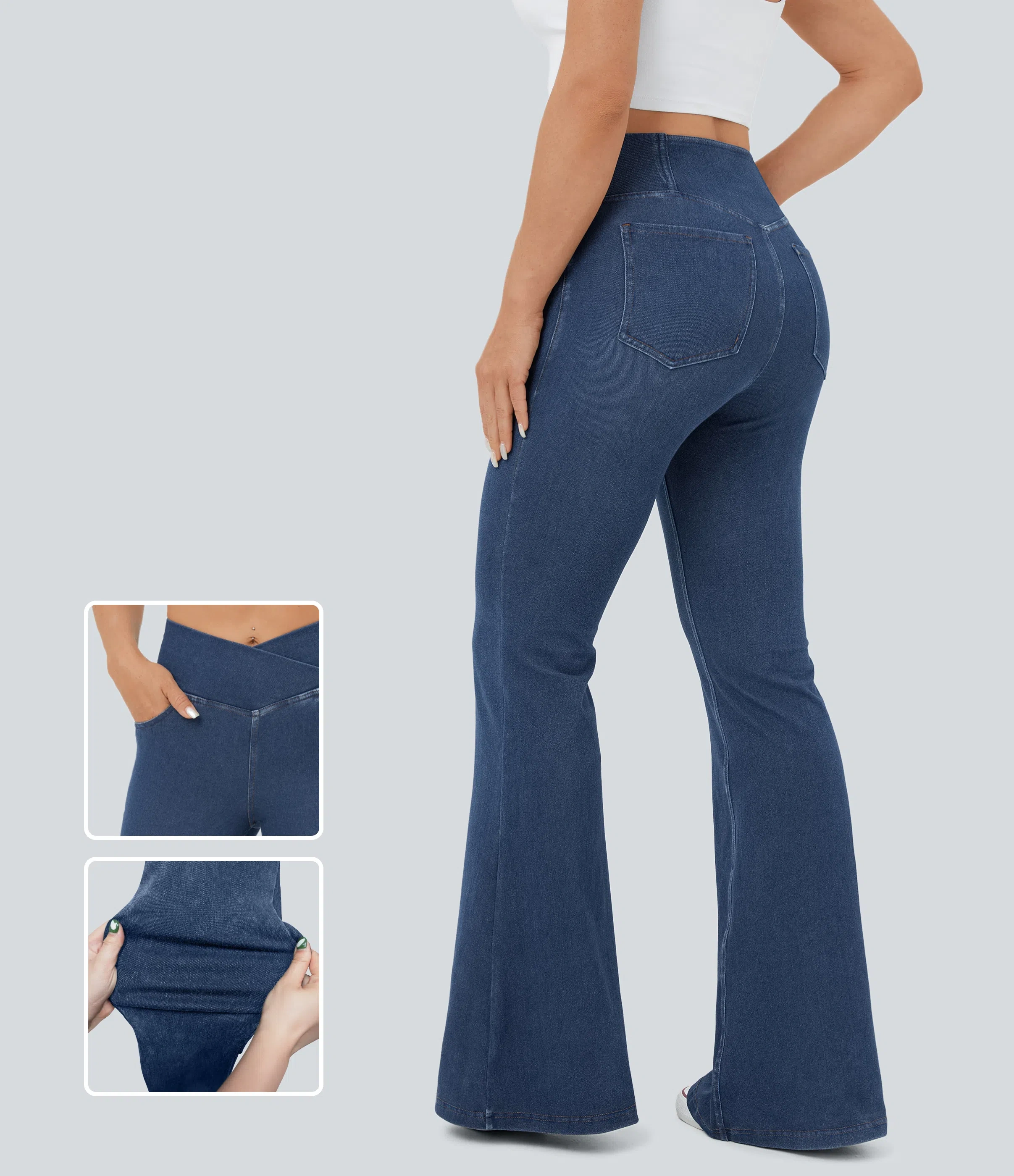 ⚡8 Packs for $25.95⚡- High Waisted Crossover Pocket Washed Stretchy Knit Casual Super Flare Jeans