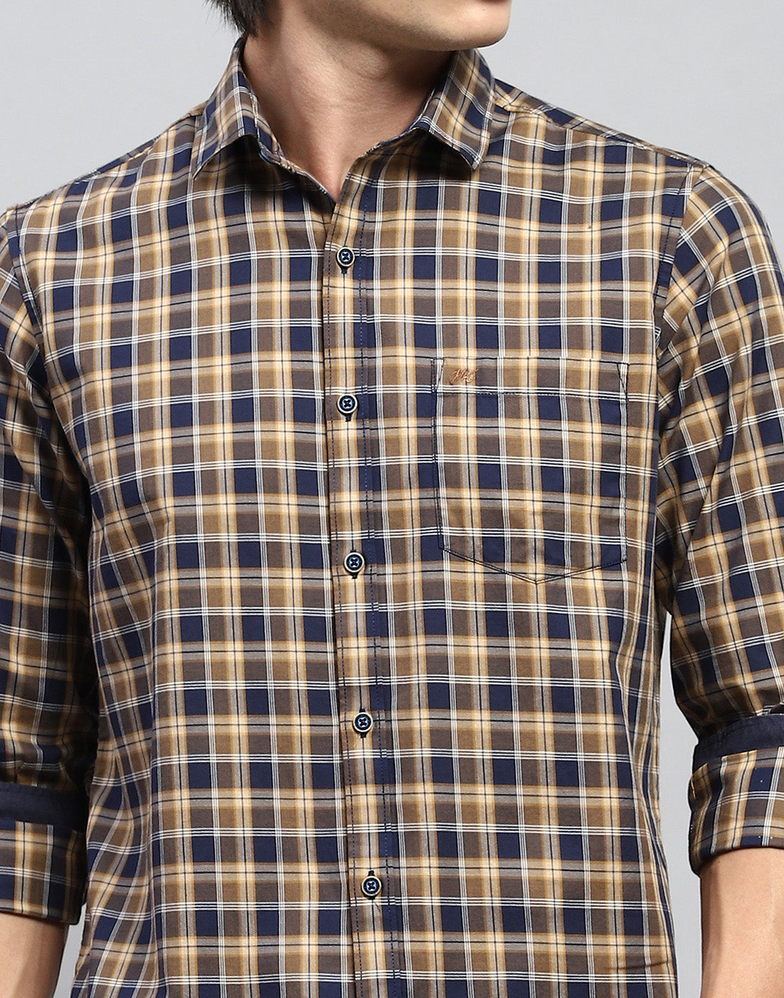 Men Brown Check Collar Full Sleeve Shirt