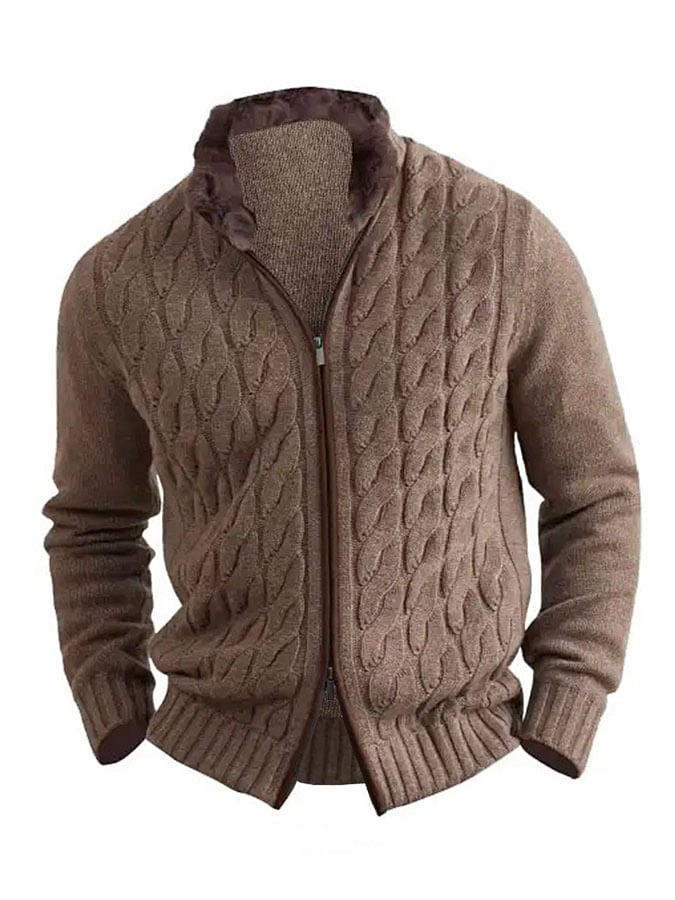 Men's fur collar cable knit jacket