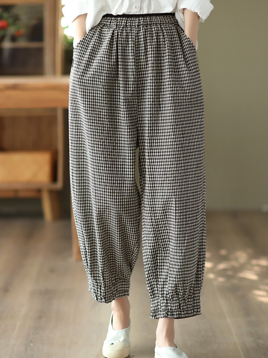 Plus Size Women Summer Retro Plaid 100%Cotton Harem Pants